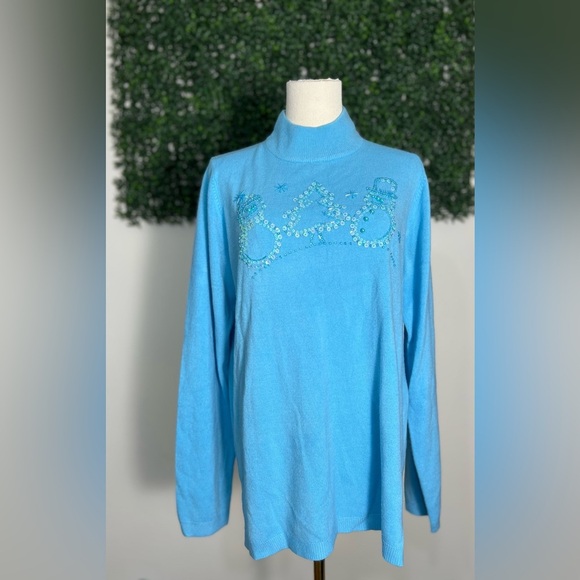 QUACKER FACTORY Blue Beaded Sequins Christmas Holiday Pullover Sweater Size L - Picture 1 of 11